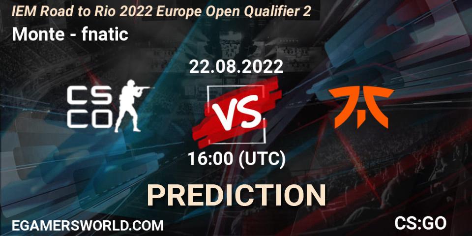 Prognose für das Spiel Monte VS fnatic. 22.08.2022 at 16:00. Counter-Strike (CS2) - IEM Road to Rio 2022 Europe Open Qualifier 2