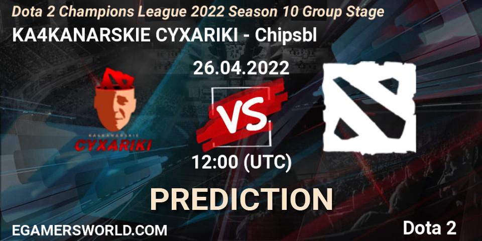 Prognose für das Spiel KA4KANARSKIE CYXARIKI VS Chipsbl. 26.04.2022 at 11:59. Dota 2 - Dota 2 Champions League 2022 Season 10 