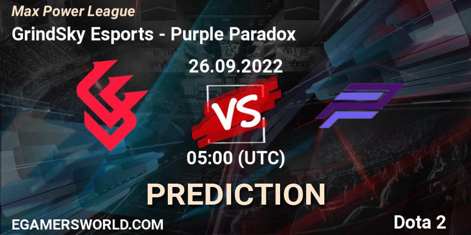 Prognose für das Spiel GrindSky Esports VS Purple Paradox. 26.09.2022 at 05:09. Dota 2 - Max Power League