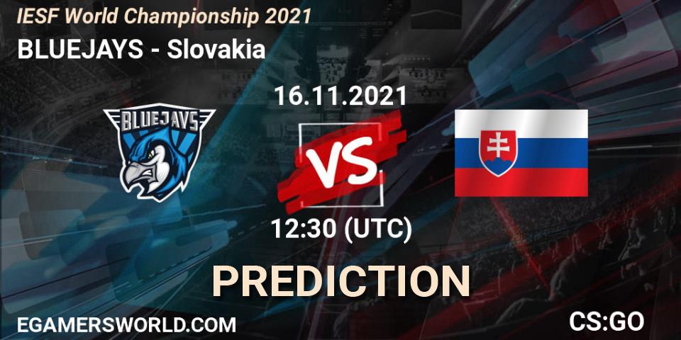 Prognose für das Spiel BLUEJAYS VS Team Slovakia. 16.11.2021 at 12:45. Counter-Strike (CS2) - IESF World Championship 2021