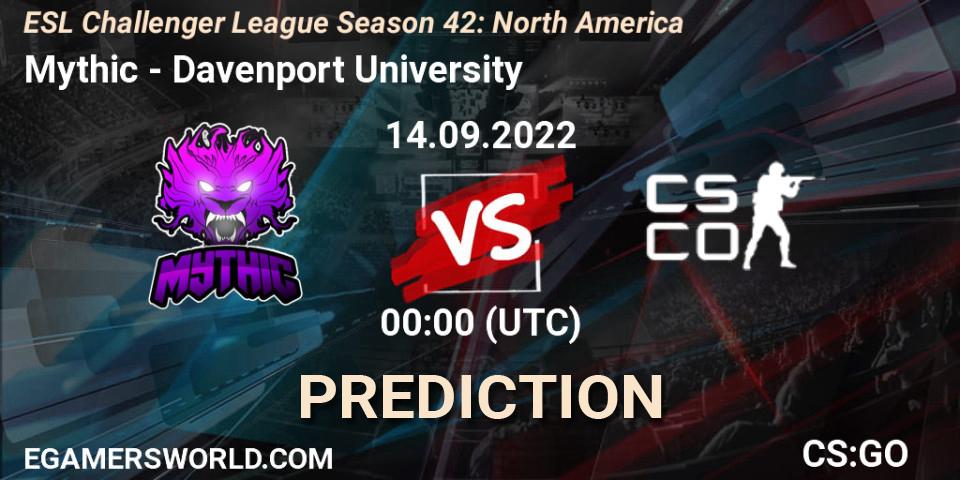 Prognose für das Spiel Mythic VS Davenport University. 14.09.2022 at 00:00. Counter-Strike (CS2) - ESL Challenger League Season 42: North America
