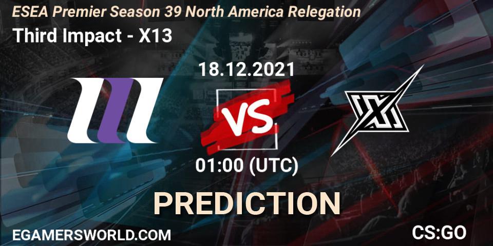 Prognose für das Spiel Third Impact VS X13. 18.12.2021 at 01:00. Counter-Strike (CS2) - ESEA Premier Season 39 North America Relegation