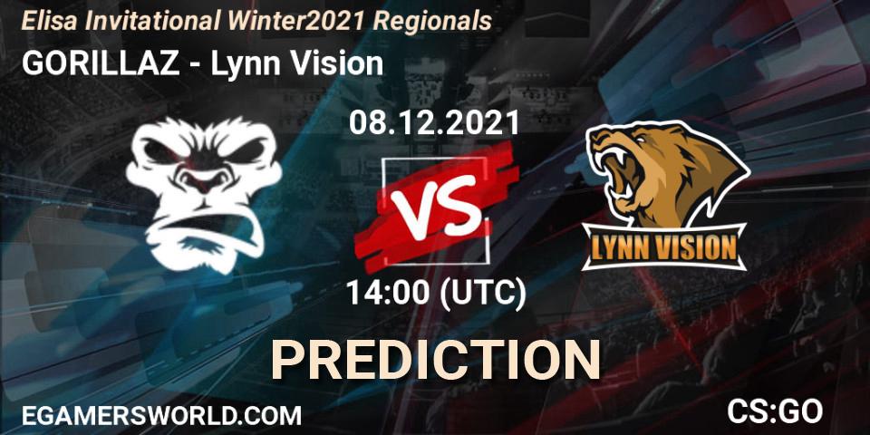 Prognose für das Spiel GORILLAZ VS Lynn Vision. 08.12.2021 at 14:00. Counter-Strike (CS2) - Elisa Invitational Winter 2021 Regionals
