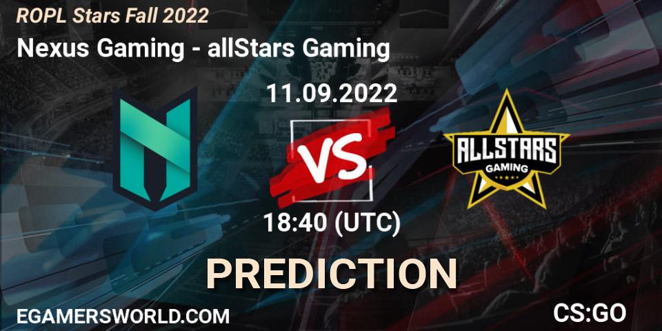 Prognose für das Spiel Nexus Gaming VS allStars Gaming. 11.09.2022 at 18:40. Counter-Strike (CS2) - ROPL Stars Fall 2022