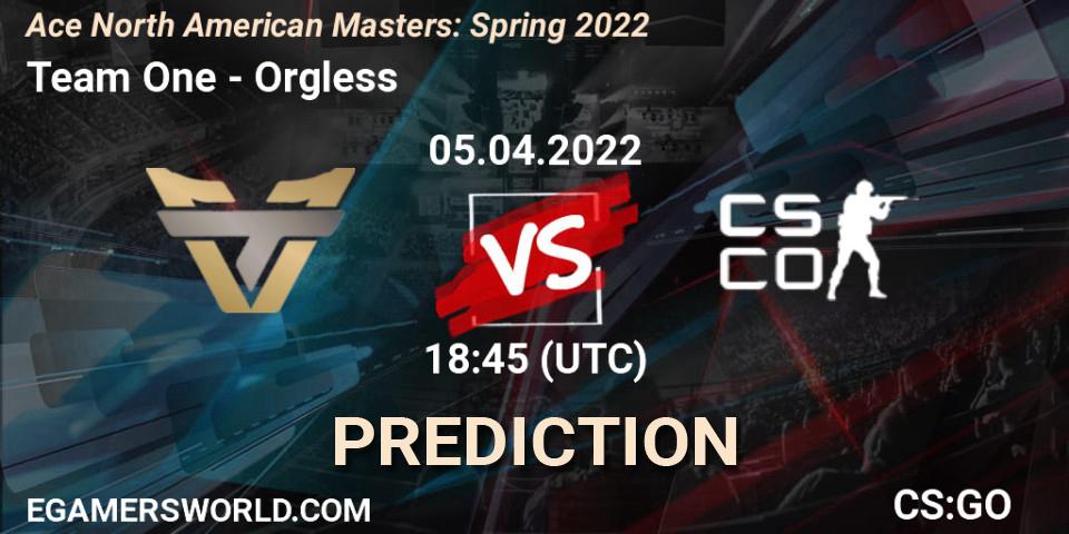 Prognose für das Spiel Team One VS Orgless. 05.04.2022 at 18:45. Counter-Strike (CS2) - Ace North American Masters: Spring 2022