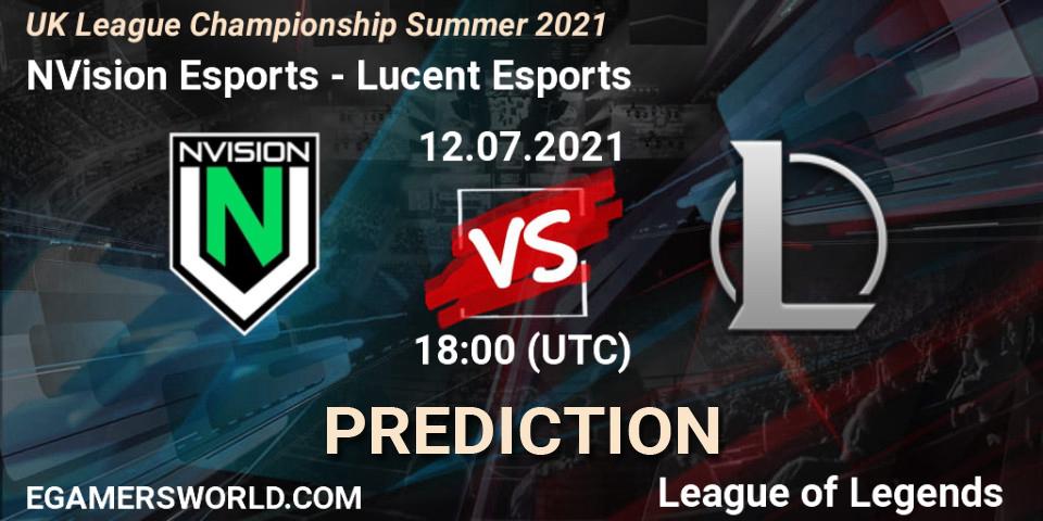 Prognose für das Spiel NVision Esports VS Lucent Esports. 12.07.2021 at 18:00. LoL - UK League Championship Summer 2021