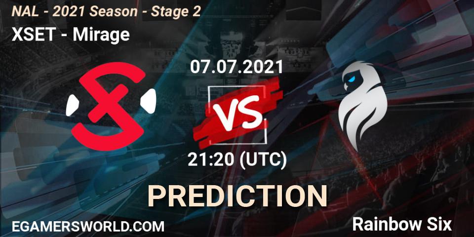 Prognose für das Spiel XSET VS Mirage. 07.07.2021 at 21:50. Rainbow Six - NAL - 2021 Season - Stage 2
