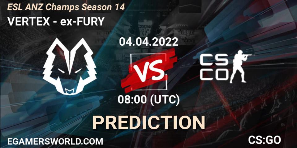 Prognose für das Spiel VERTEX VS ex-FURY. 04.04.2022 at 08:00. Counter-Strike (CS2) - ESL ANZ Champs Season 14