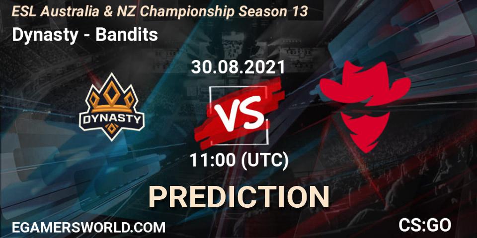 Prognose für das Spiel Dynasty VS Bandits. 30.08.2021 at 11:35. Counter-Strike (CS2) - ESL Australia & NZ Championship Season 13