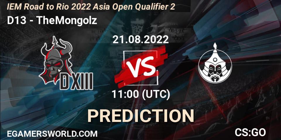 Prognose für das Spiel D13 VS TheMongolz. 21.08.2022 at 11:00. Counter-Strike (CS2) - IEM Road to Rio 2022 Asia Open Qualifier 2