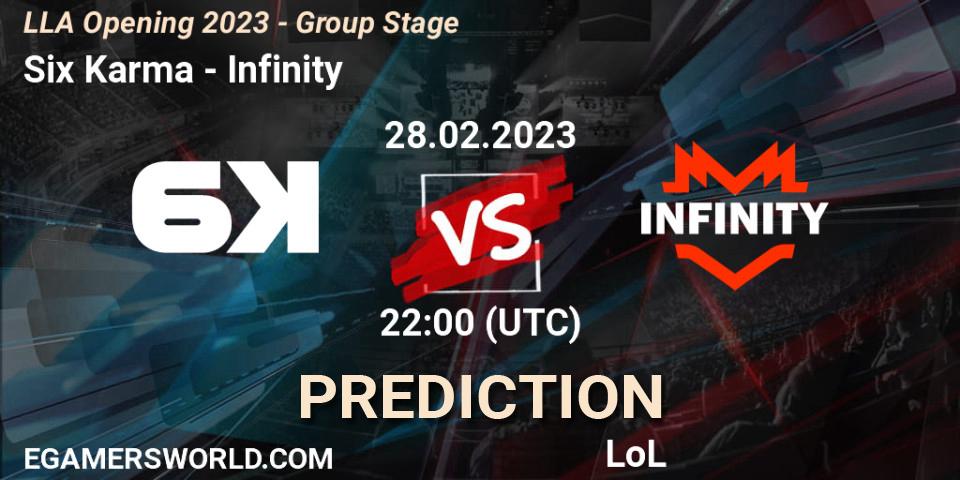Prognose für das Spiel Six Karma VS Infinity. 28.02.2023 at 22:00. LoL - LLA Opening 2023 - Group Stage