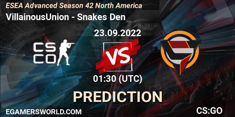 Prognose für das Spiel VillainousUnion VS Snakes Den. 23.09.2022 at 01:10. Counter-Strike (CS2) - ESEA Advanced Season 42 North America