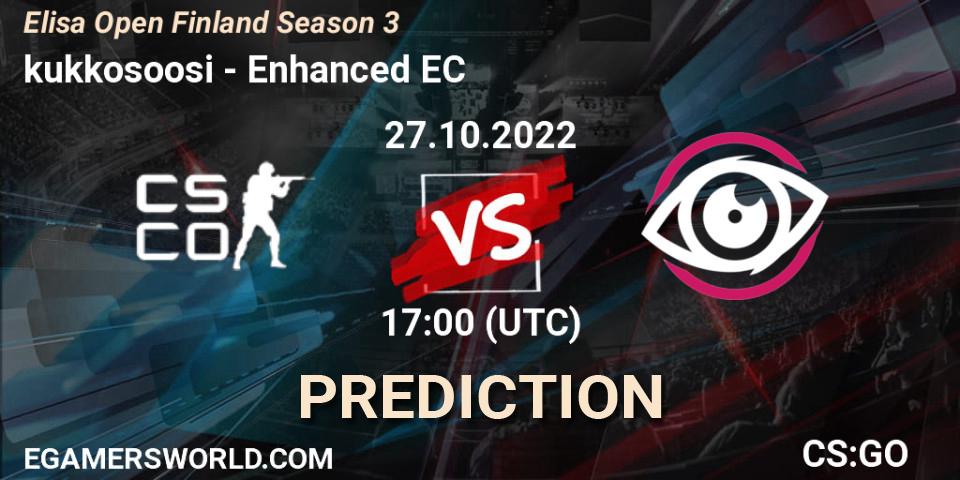 Prognose für das Spiel kukkosoosi VS Enhanced EC. 27.10.2022 at 17:00. Counter-Strike (CS2) - Elisa Open Suomi Season 3