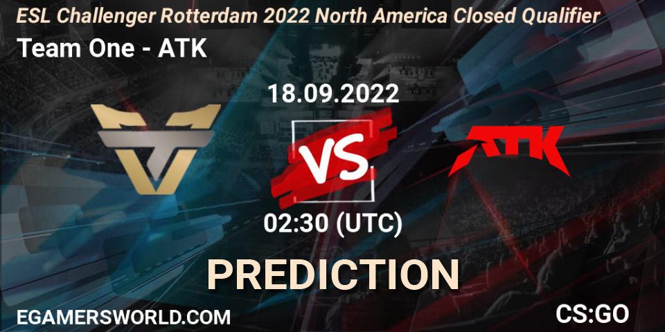 Prognose für das Spiel Team One VS ATK. 18.09.2022 at 02:30. Counter-Strike (CS2) - ESL Challenger Rotterdam 2022 North America Closed Qualifier