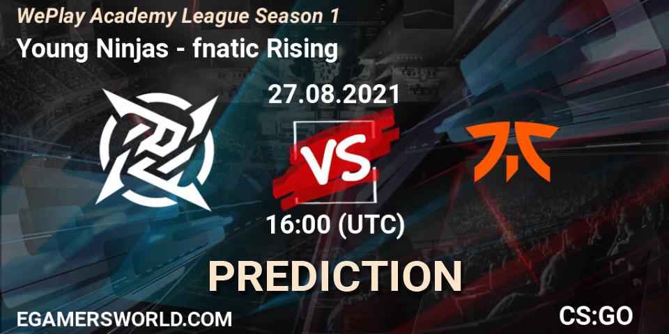Prognose für das Spiel Young Ninjas VS fnatic Rising. 27.08.2021 at 16:05. Counter-Strike (CS2) - WePlay Academy League Season 1