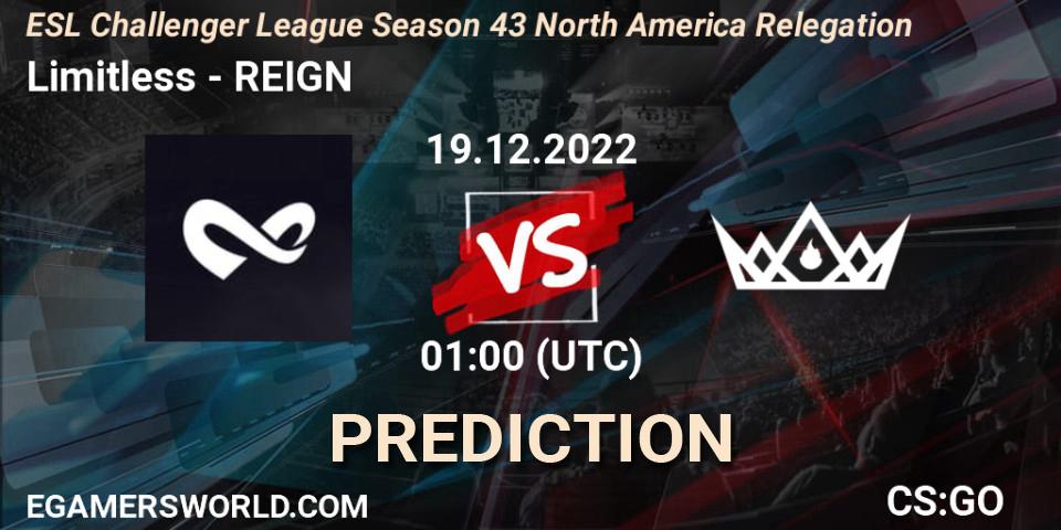 Prognose für das Spiel Limitless VS REIGN. 19.12.2022 at 01:00. Counter-Strike (CS2) - ESL Challenger League Season 43 North America Relegation
