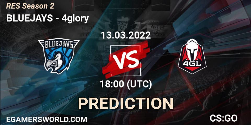 Prognose für das Spiel BLUEJAYS VS 4glory. 13.03.2022 at 18:00. Counter-Strike (CS2) - RES Season 2