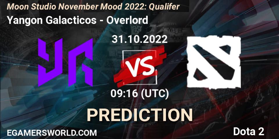 Prognose für das Spiel Yangon Galacticos VS Overlord. 31.10.2022 at 09:16. Dota 2 - Moon Studio November Mood 2022: Qualifer
