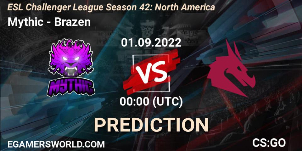 Prognose für das Spiel Mythic VS Brazen. 29.09.2022 at 00:00. Counter-Strike (CS2) - ESL Challenger League Season 42: North America
