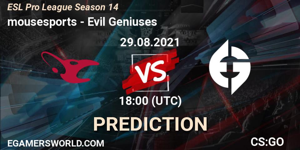 Prognose für das Spiel mousesports VS Evil Geniuses. 29.08.21. CS2 (CS:GO) - ESL Pro League Season 14