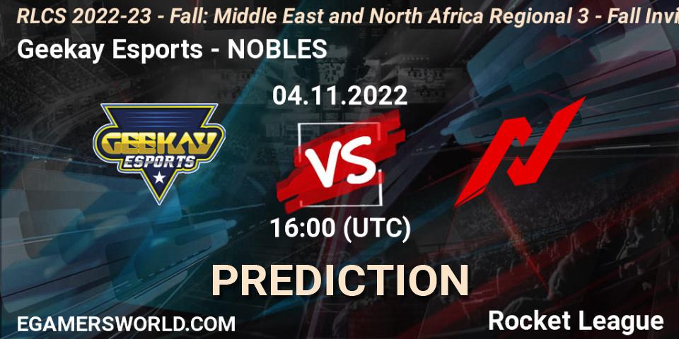 Prognose für das Spiel Geekay Esports VS NOBLES. 04.11.2022 at 16:00. Rocket League - RLCS 2022-23 - Fall: Middle East and North Africa Regional 3 - Fall Invitational