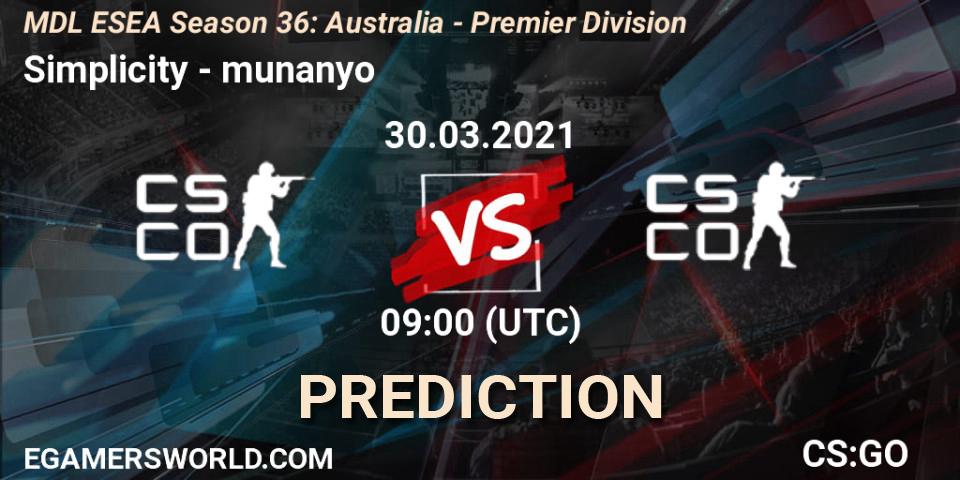 Prognose für das Spiel Simplicity VS munanyo. 30.03.2021 at 09:00. Counter-Strike (CS2) - MDL ESEA Season 36: Australia - Premier Division
