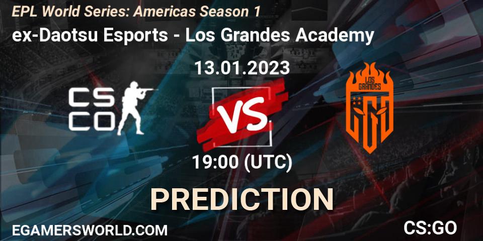 Prognose für das Spiel ex-Daotsu Esports VS Los Grandes Academy. 13.01.2023 at 19:00. Counter-Strike (CS2) - EPL World Series: Americas Season 1