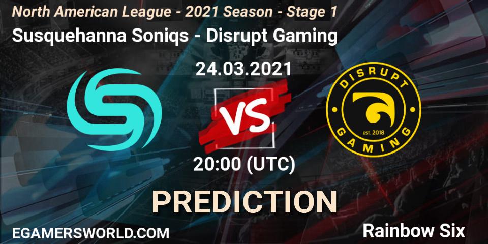 Prognose für das Spiel Susquehanna Soniqs VS Disrupt Gaming. 24.03.2021 at 20:00. Rainbow Six - North American League - 2021 Season - Stage 1