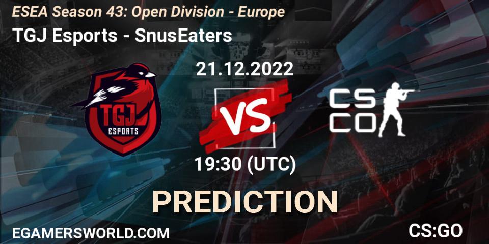 Prognose für das Spiel TGJ Esports VS SnusEaters. 21.12.2022 at 19:30. Counter-Strike (CS2) - ESEA Season 43: Open Division - Europe