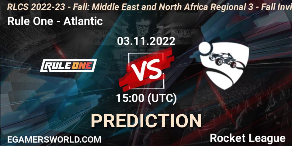 Prognose für das Spiel Rule One VS Atlantic. 03.11.2022 at 15:00. Rocket League - RLCS 2022-23 - Fall: Middle East and North Africa Regional 3 - Fall Invitational