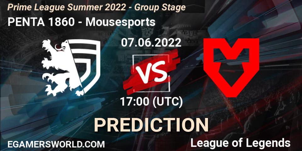 Prognose für das Spiel PENTA 1860 VS Mousesports. 07.06.2022 at 20:00. LoL - Prime League Summer 2022 - Group Stage