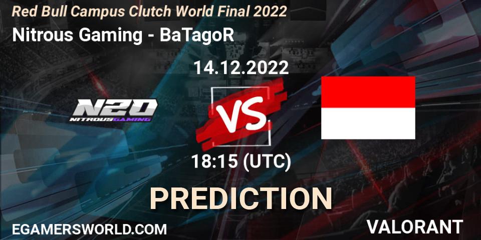 Prognose für das Spiel Nitrous Gaming VS BaTagoR. 14.12.2022 at 18:15. VALORANT - Red Bull Campus Clutch World Final 2022