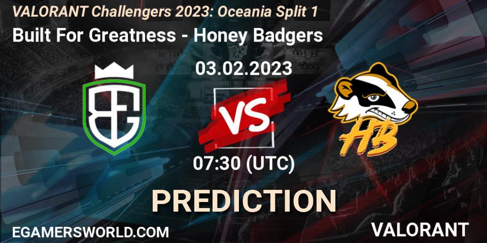 Prognose für das Spiel Built For Greatness VS Honey Badgers. 03.02.23. VALORANT - VALORANT Challengers 2023: Oceania Split 1