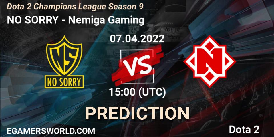 Prognose für das Spiel NO SORRY VS Nemiga Gaming. 07.04.2022 at 15:01. Dota 2 - Dota 2 Champions League Season 9