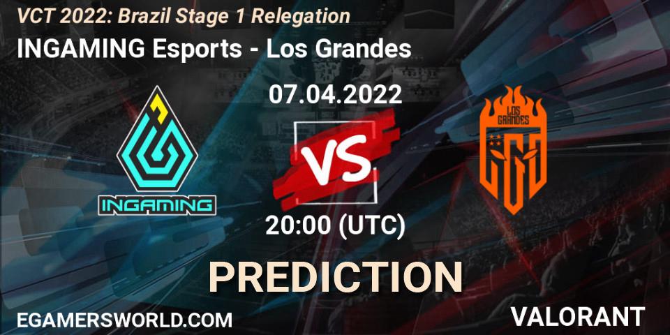 Prognose für das Spiel INGAMING Esports VS Los Grandes. 07.04.2022 at 22:30. VALORANT - VCT 2022: Brazil Stage 1 Relegation