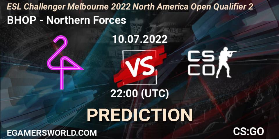 Prognose für das Spiel BHOP VS Northern Forces. 10.07.2022 at 22:00. Counter-Strike (CS2) - ESL Challenger Melbourne 2022 North America Open Qualifier 2