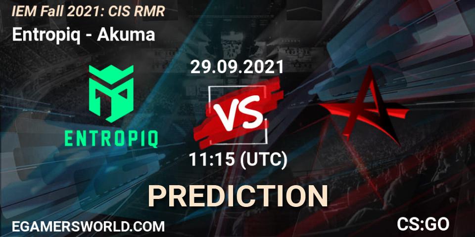 Prognose für das Spiel Entropiq VS Akuma. 29.09.2021 at 11:15. Counter-Strike (CS2) - IEM Fall 2021: CIS RMR