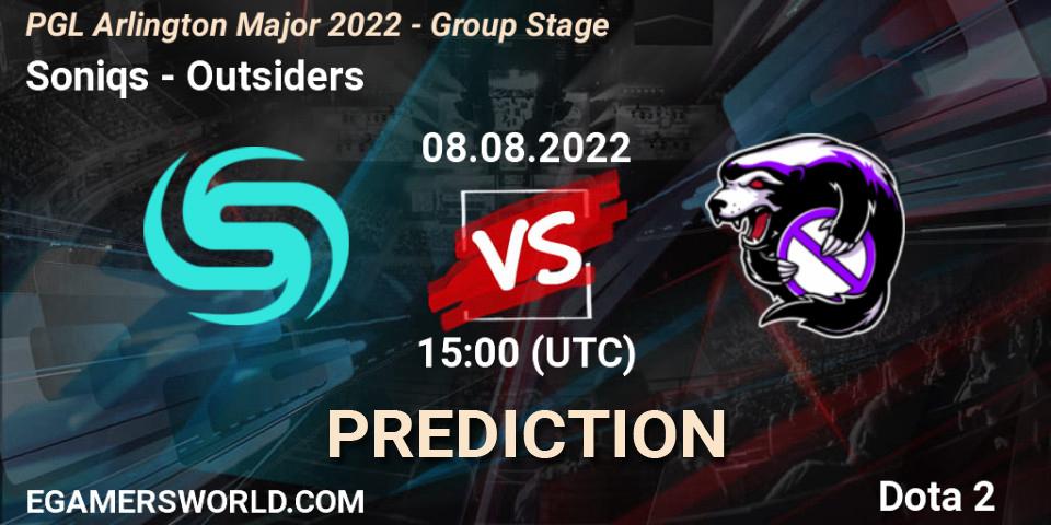 Prognose für das Spiel Soniqs VS Outsiders. 08.08.2022 at 15:01. Dota 2 - PGL Arlington Major 2022 - Group Stage
