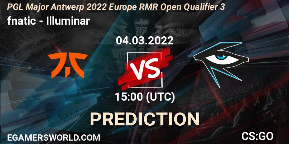 Prognose für das Spiel fnatic VS Illuminar. 04.03.2022 at 15:05. Counter-Strike (CS2) - PGL Major Antwerp 2022 Europe RMR Open Qualifier 3