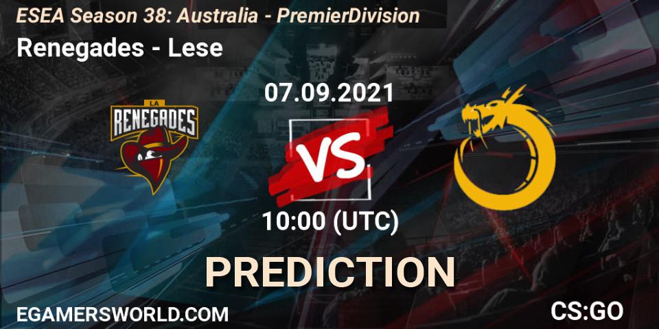Prognose für das Spiel Renegades VS Lese. 07.09.2021 at 10:00. Counter-Strike (CS2) - ESEA Season 38: Australia - Premier Division