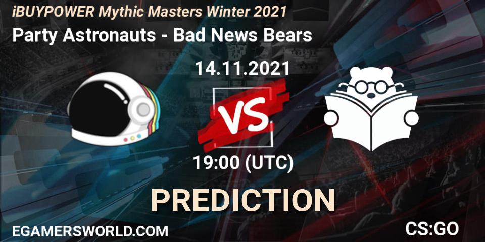 Prognose für das Spiel Party Astronauts VS Bad News Bears. 14.11.2021 at 19:00. Counter-Strike (CS2) - iBUYPOWER Mythic Masters Winter 2021