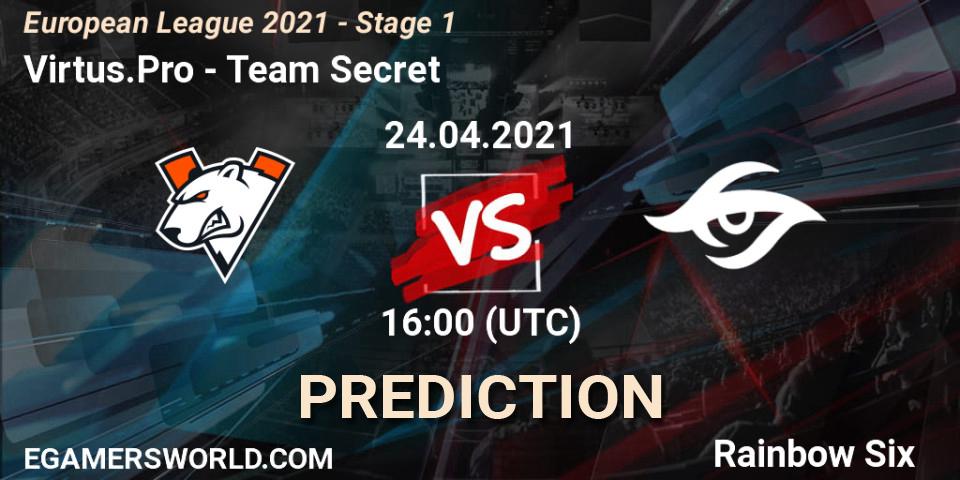 Prognose für das Spiel Virtus.Pro VS Team Secret. 24.04.2021 at 16:30. Rainbow Six - European League 2021 - Stage 1