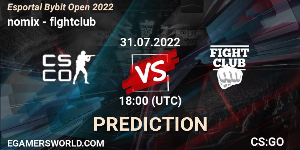 Prognose für das Spiel nomix VS fightclub. 31.07.2022 at 17:00. Counter-Strike (CS2) - Esportal Bybit Open 2022
