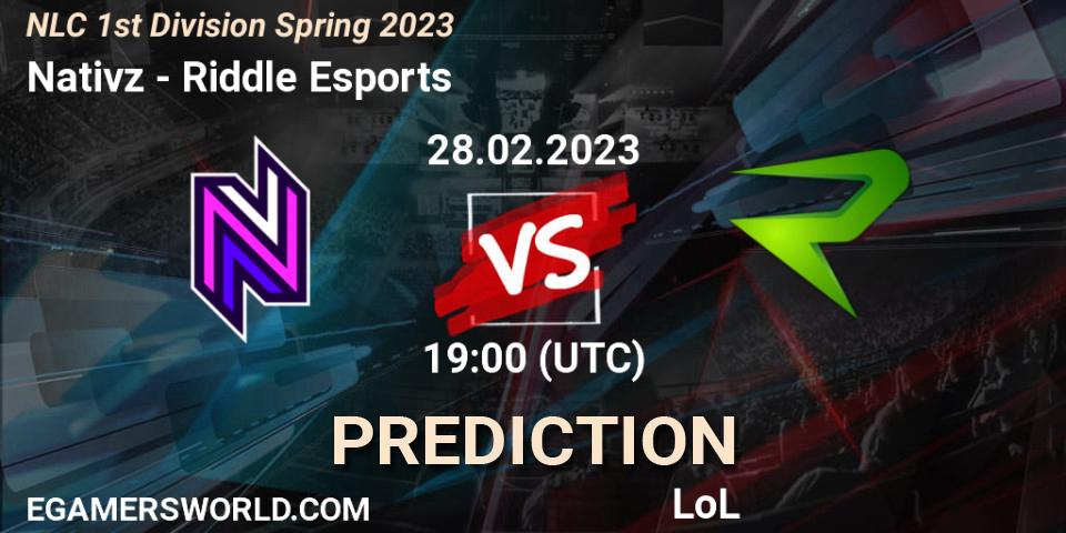 Prognose für das Spiel Nativz VS Riddle Esports. 28.02.2023 at 19:00. LoL - NLC 1st Division Spring 2023