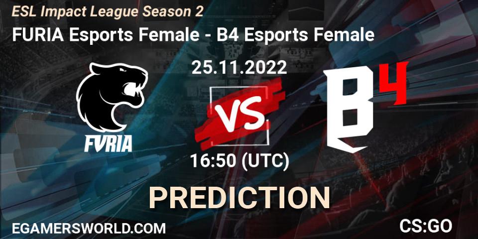 Prognose für das Spiel FURIA Esports Female VS B4 Esports Female. 25.11.2022 at 16:45. Counter-Strike (CS2) - ESL Impact League Season 2