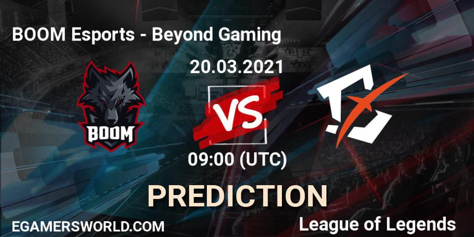 Prognose für das Spiel BOOM Esports VS Beyond Gaming. 20.03.2021 at 10:30. LoL - PCS Spring 2021 - Group Stage