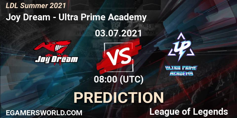 Prognose für das Spiel Joy Dream VS Ultra Prime Academy. 03.07.2021 at 08:00. LoL - LDL Summer 2021