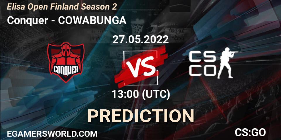 Prognose für das Spiel Conquer VS COWABUNGA. 27.05.2022 at 13:00. Counter-Strike (CS2) - Elisa Open Finland Season 2