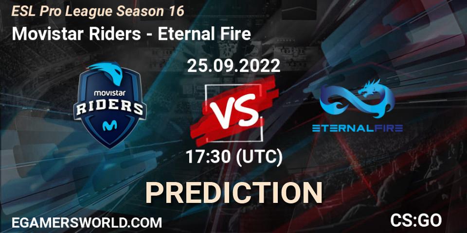 Prognose für das Spiel Movistar Riders VS Eternal Fire. 25.09.2022 at 17:30. Counter-Strike (CS2) - ESL Pro League Season 16