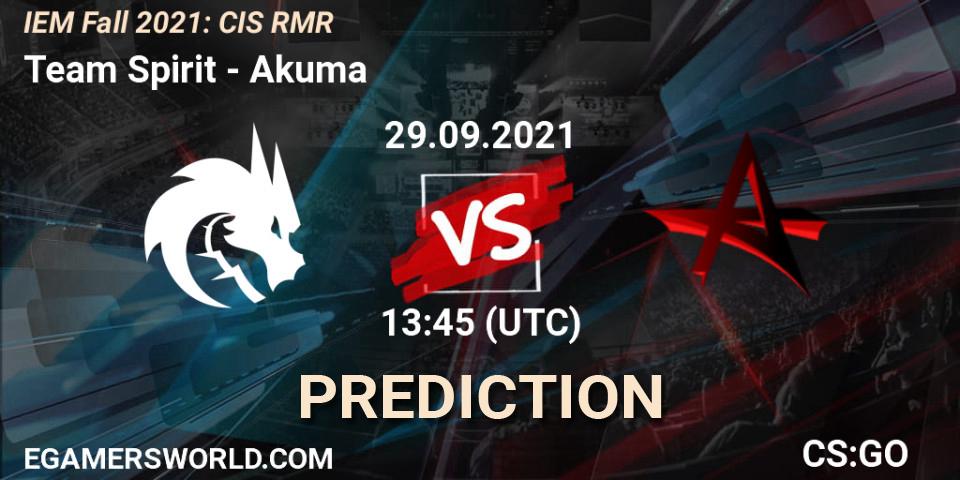Prognose für das Spiel Team Spirit VS Akuma. 29.09.2021 at 14:15. Counter-Strike (CS2) - IEM Fall 2021: CIS RMR